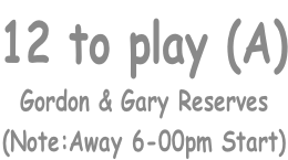 12 to play (A) Gordon & Gary Reserves (Note:Away 6-00pm Start)